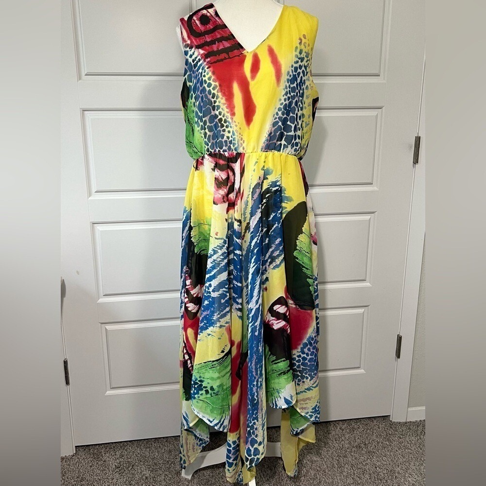 EY Signature Abstract Print Maxi Dress Colorful Sleeveless V Neck Flowy Size LG‎